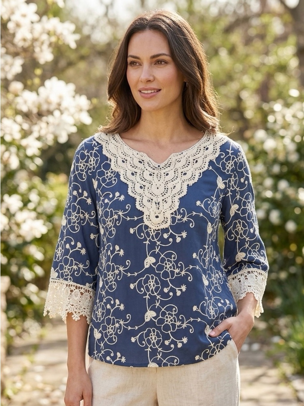 Lauren Michelle Navy Floral Blouse with Cream Crochet Trim